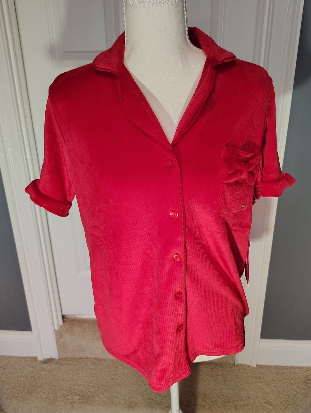 NWT Betsey Johnson Lipstick Red Ribbed Velour Notch Collar PJS Top Size S
